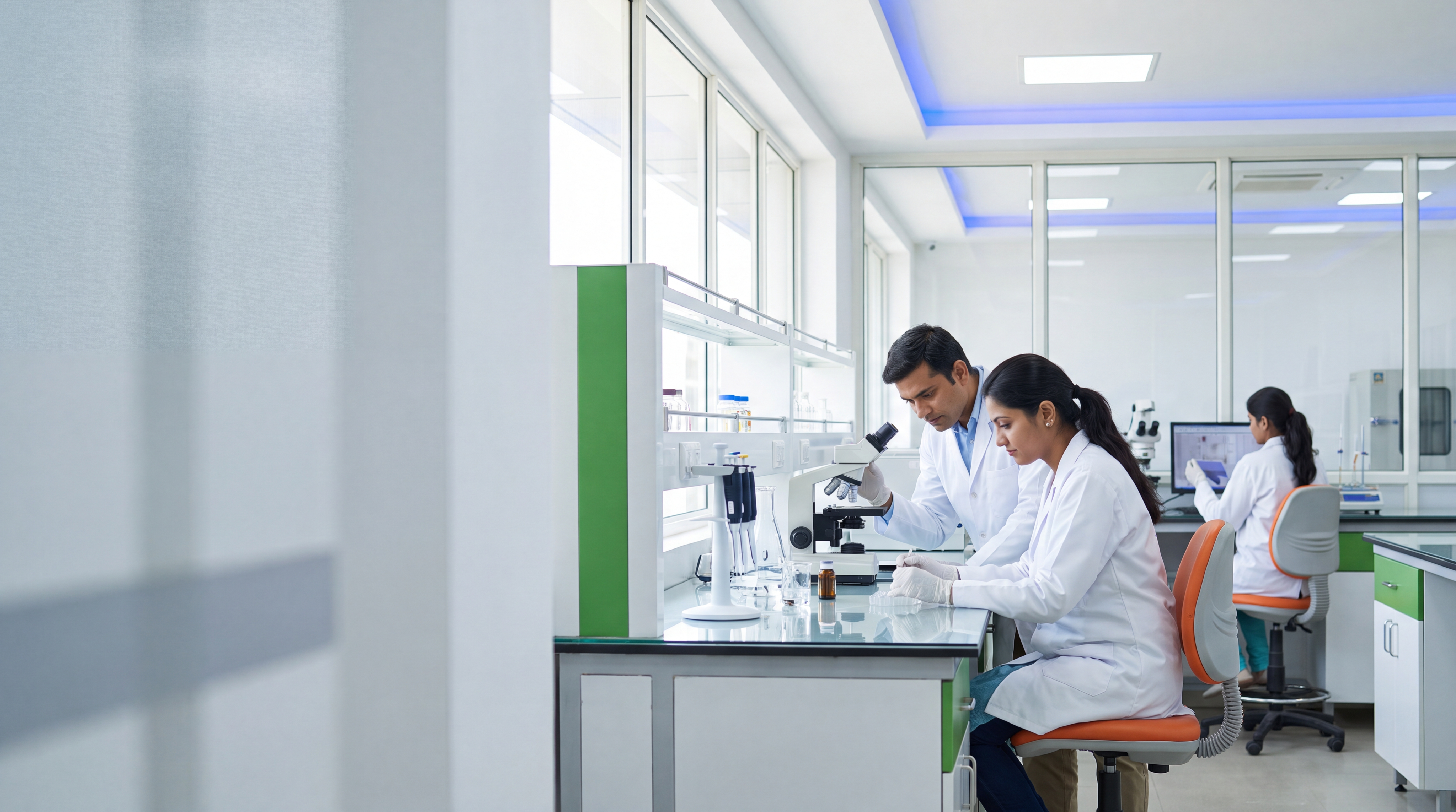 Scientists in a modern pharmaceutical research laboratory analysing medicine samples